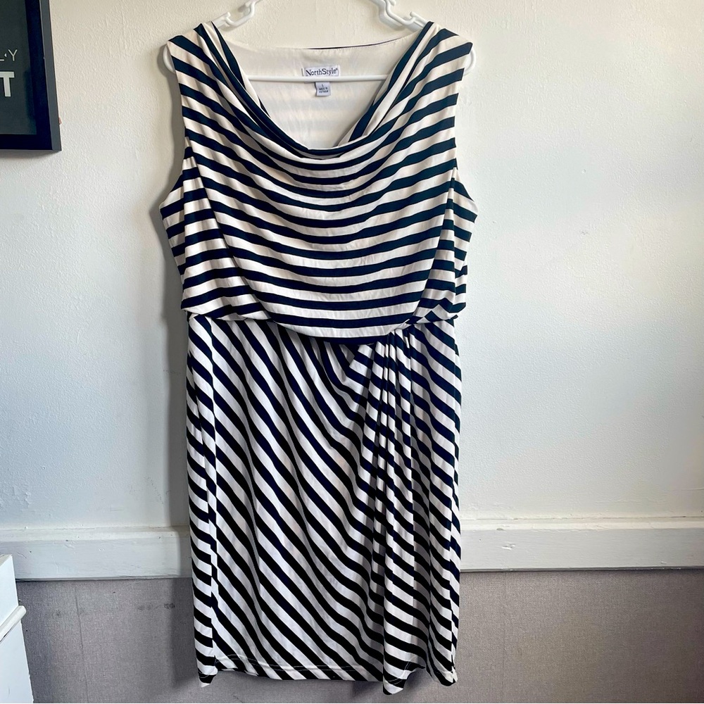 Black & White Striped Dress, Mid Length Sleeveless Dress